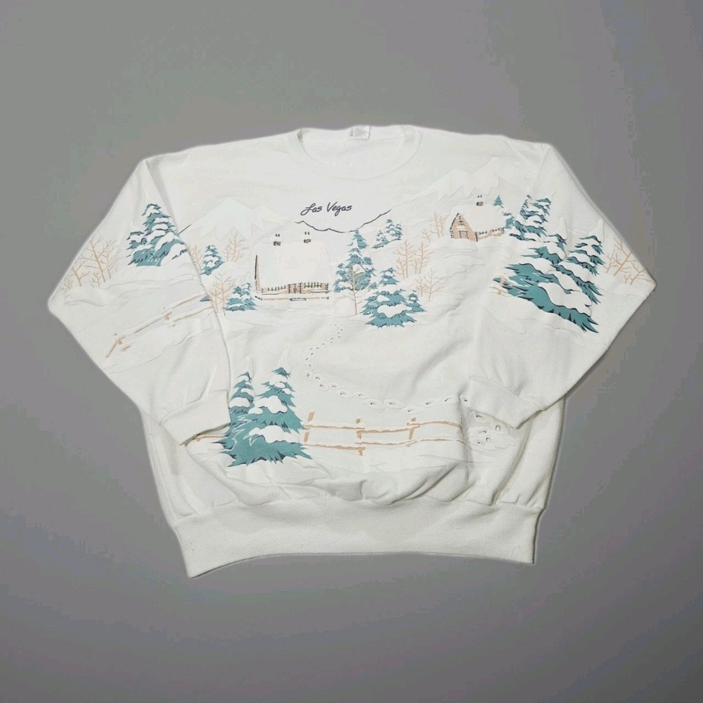 Vintage 90s Kodiak Alaska Puff Print Sweatshirt Scenic Cottage Vegas USA Made OS